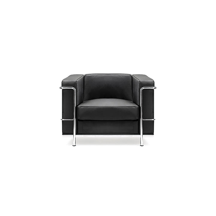 Contemporary Cubed Leather Faced Single Seater Reception Chair with Stainless Steel Frame and Integrated Leg Supports