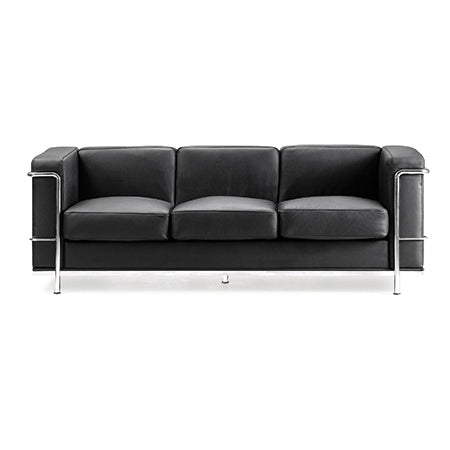 Contemporary Cubed Leather Faced Three Seater Reception Chair with Stainless Steel Frame and Integrated Leg Supports