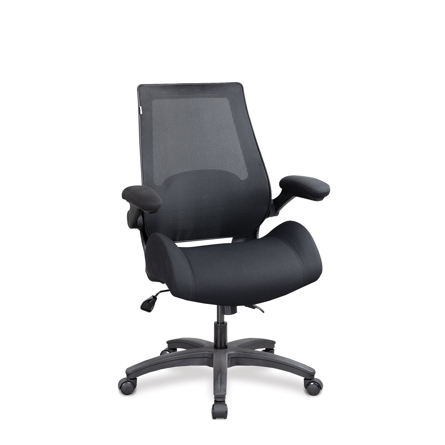 Resolute – High Back Mesh Chair with High Weight Capacity, Deep Moulded Seat Foam, Folding Arms and Optional Headrest – Black