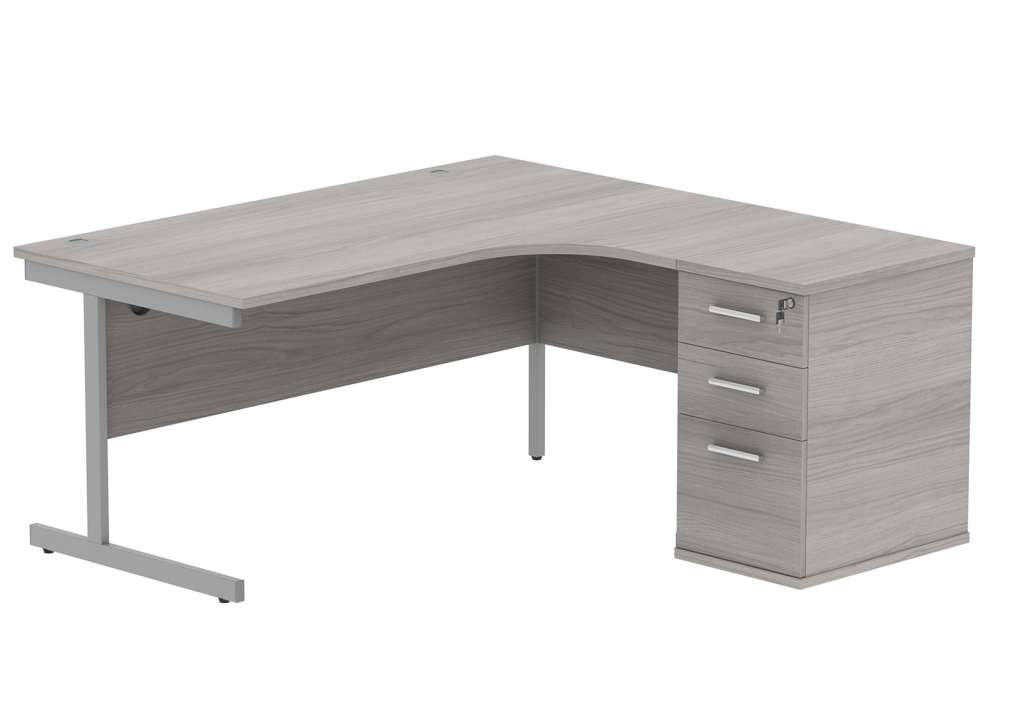 Core|Single Upright|Right Hand|Radial Desk with Desk High Pedestal|600mm Deep Pedestal|1600x1200|Alaskan Grey Oak-Silver