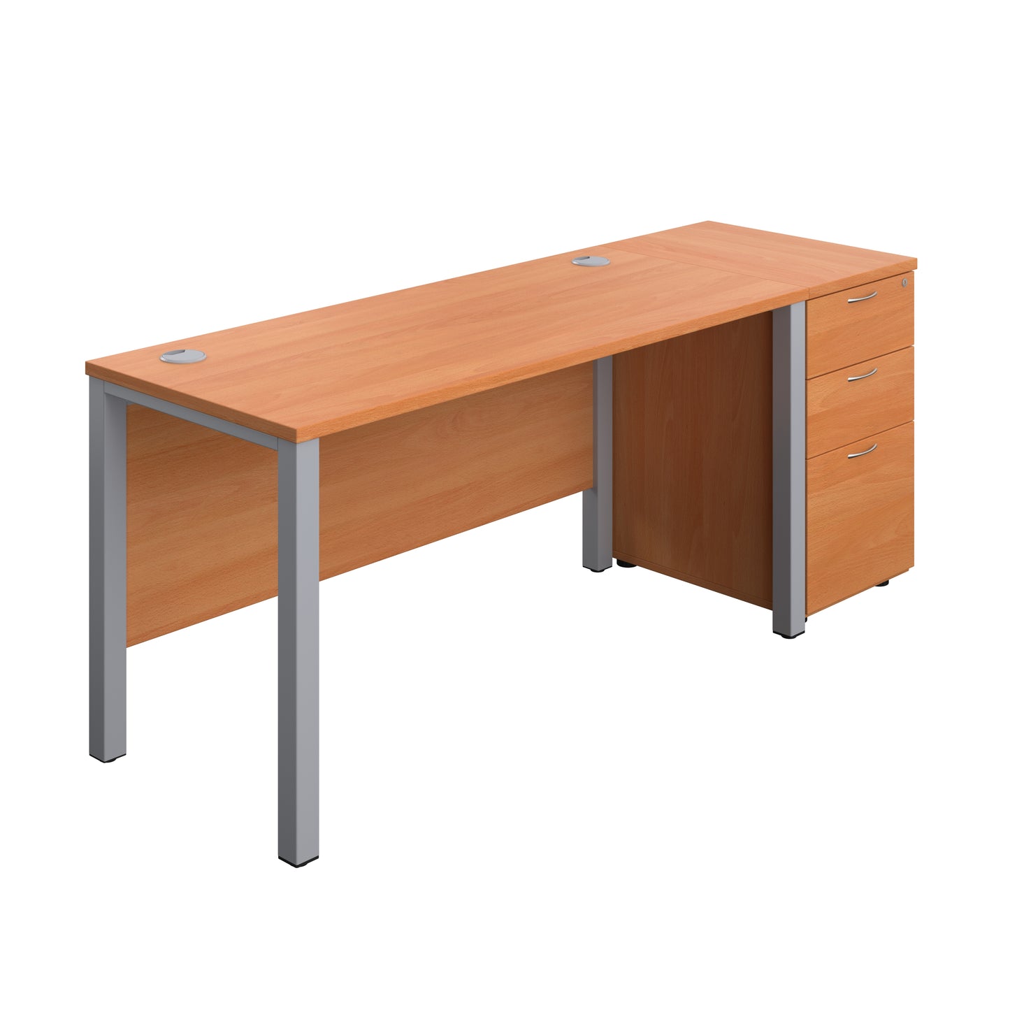Aztec|Goal Post Leg|Rectangular Desk with 3 Drawer Desk High Pedestal|1400x600|Beech-Silver
