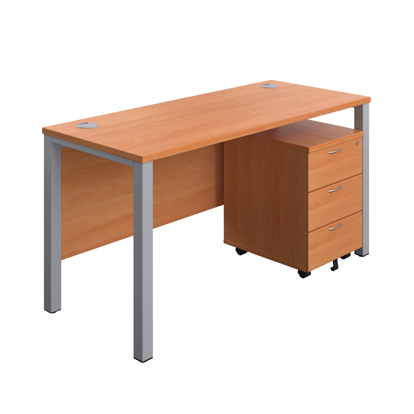 Aztec|Goal Post Leg|Rectangular Desk with 3 Drawer Mobile Pedestal|1400x600|Beech-Silver