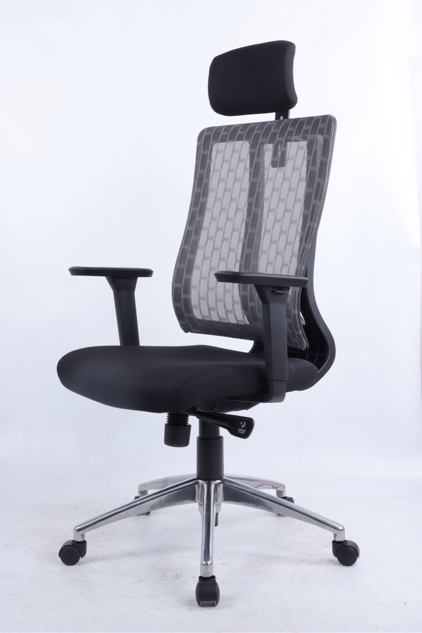 Black office chair with mesh backrest on a white background