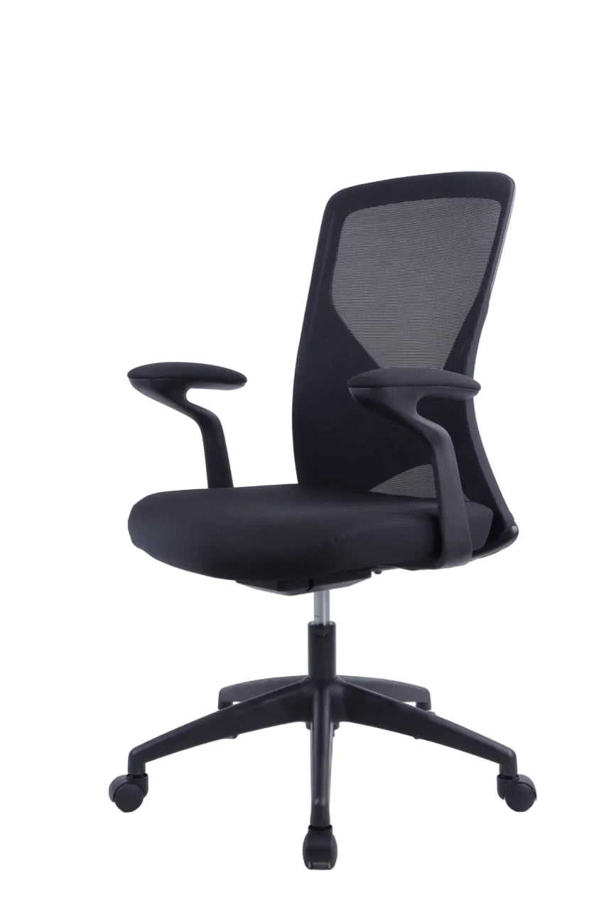 Black office chair with mesh backrest on a white background