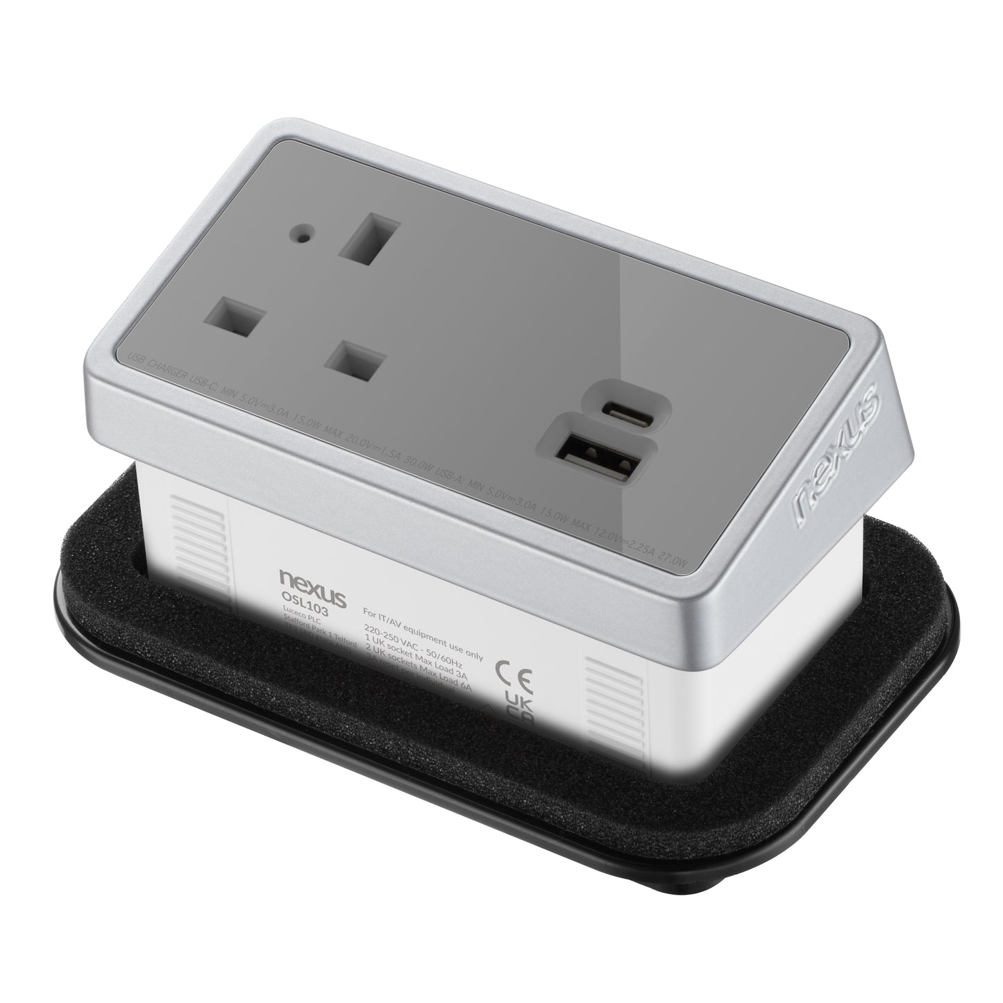 In-Desk Power Module x1 240V UK Socket and 30W USB-C, 27W USB-A|Silver-Grey