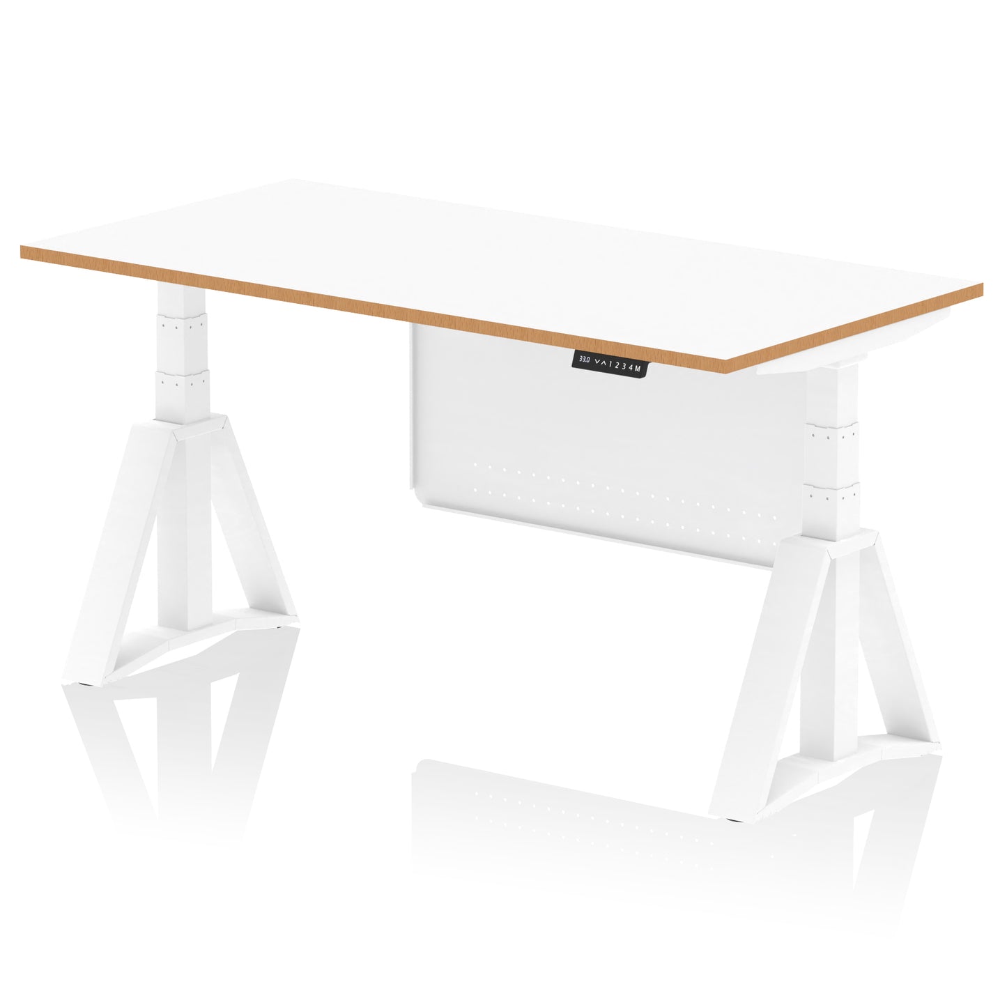 Oslo Air Height Adjustable Desk White Top Natural Wood Edge White Frame with White Steel Modesty Panel