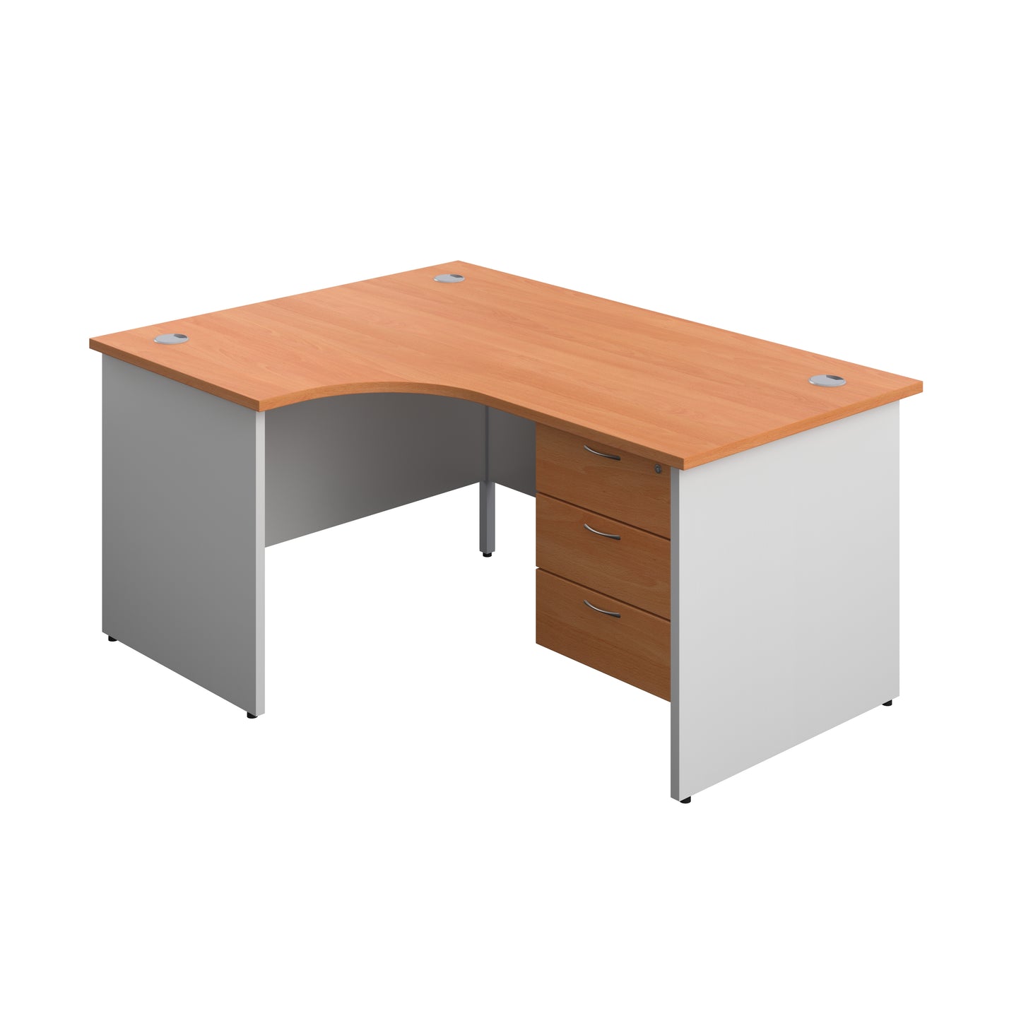Aztec|Panel|Left Hand|Radial Desk with 3 Drawer Fixed Pedestal|1600x1200|Beech-White