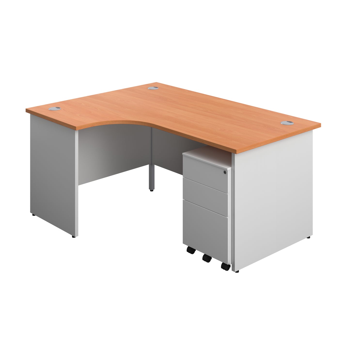 Aztec|Panel|Left Hand|Radial Desk with 3 Drawer Steel Mobile Pedestal|1600x1200|Grey Oak-White
