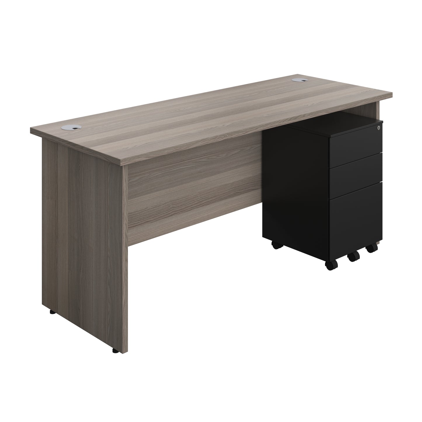 Aztec|Panel|Rectangular Desk with 3 Drawer Black Steel Pedestal|1600x600|Grey Oak