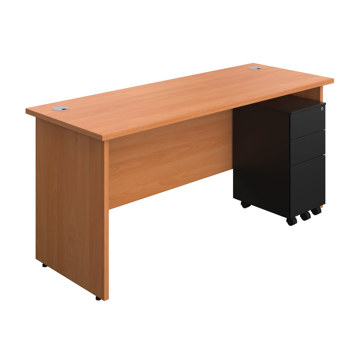 Aztec|Panel|Rectangular Desk with 3 Drawer Black Slimline Steel Pedestal|1600x600|Beech