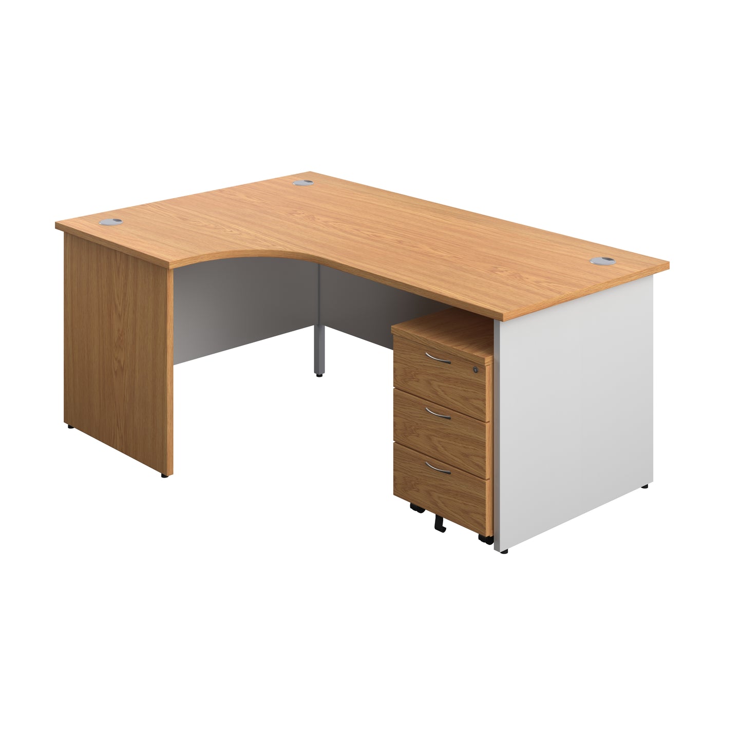 Aztec|Panel|Left Hand Radial Desk with 3 Drawer Mobile Pedestal|1800x1200|Nova Oak-White