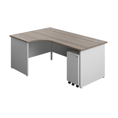 Aztec|Panel|Left Hand Radial Desk with 3 Drawer White Slimline Steel Mobile Pedestal|1800x1200|Grey Oak-White