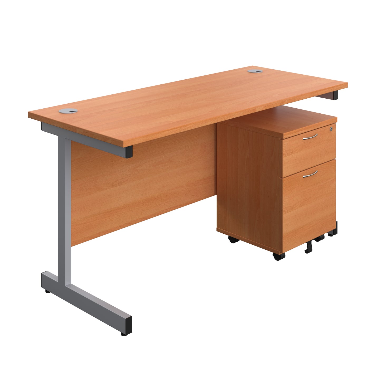 Aztec|Single Upright|Rectangular Desk with 2 Drawer Mobile Pedestal|1400x600|Beech-Silver