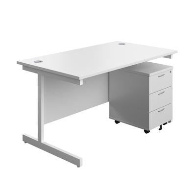 Aztec|Single Upright|Rectangular Desk with 3 Drawer Mobile Pedestal|1400x800|White-White