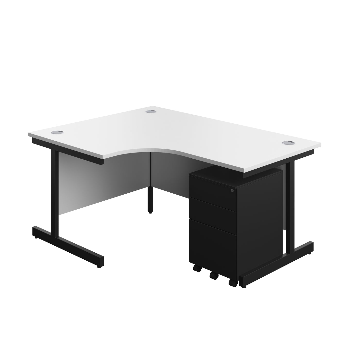 Aztec|Single Upright|Left Hand|Radial Desk with 3 Drawer Under Desk Steel Pedestal|1600x1200|White-Black