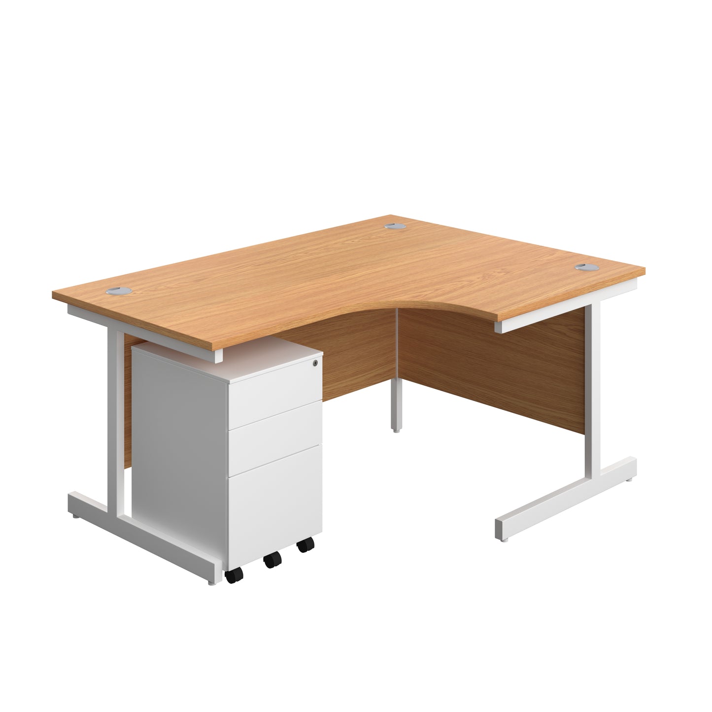 Aztec|Single Upright|Right Hand|Radial Desk with Under Desk Steel Pedestal 3 Drawer|1600x1200|Nova Oak-White