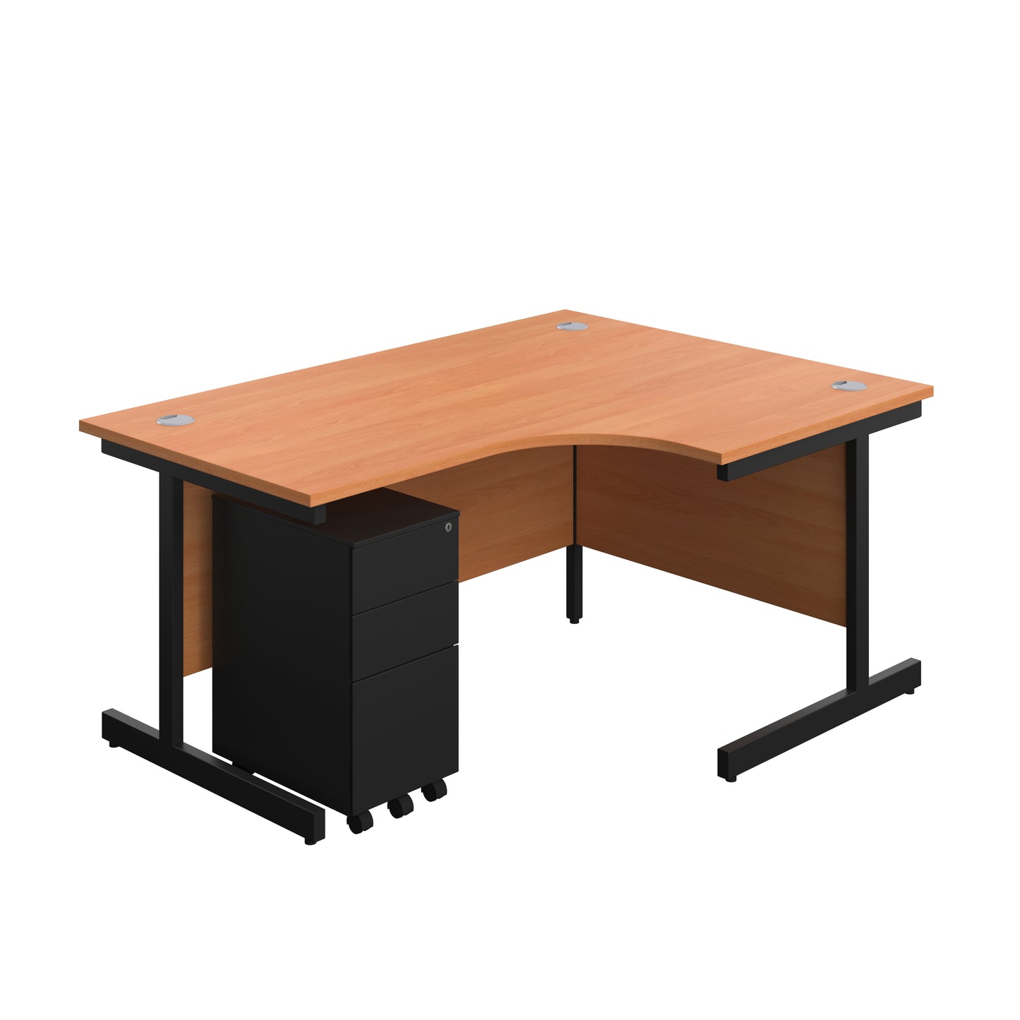 Aztec|Single Upright|Right Hand|Radial Desk with Slimline Steel Pedestal 3 Drawer|1600x1200|Beech-Black