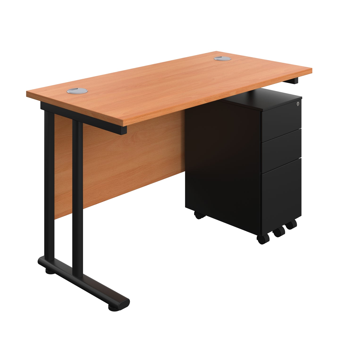 Aztec|Twin Upright|Rectangular Desk and Slimline Steel Pedestal 3 Drawer|1200x600|Beech-Black