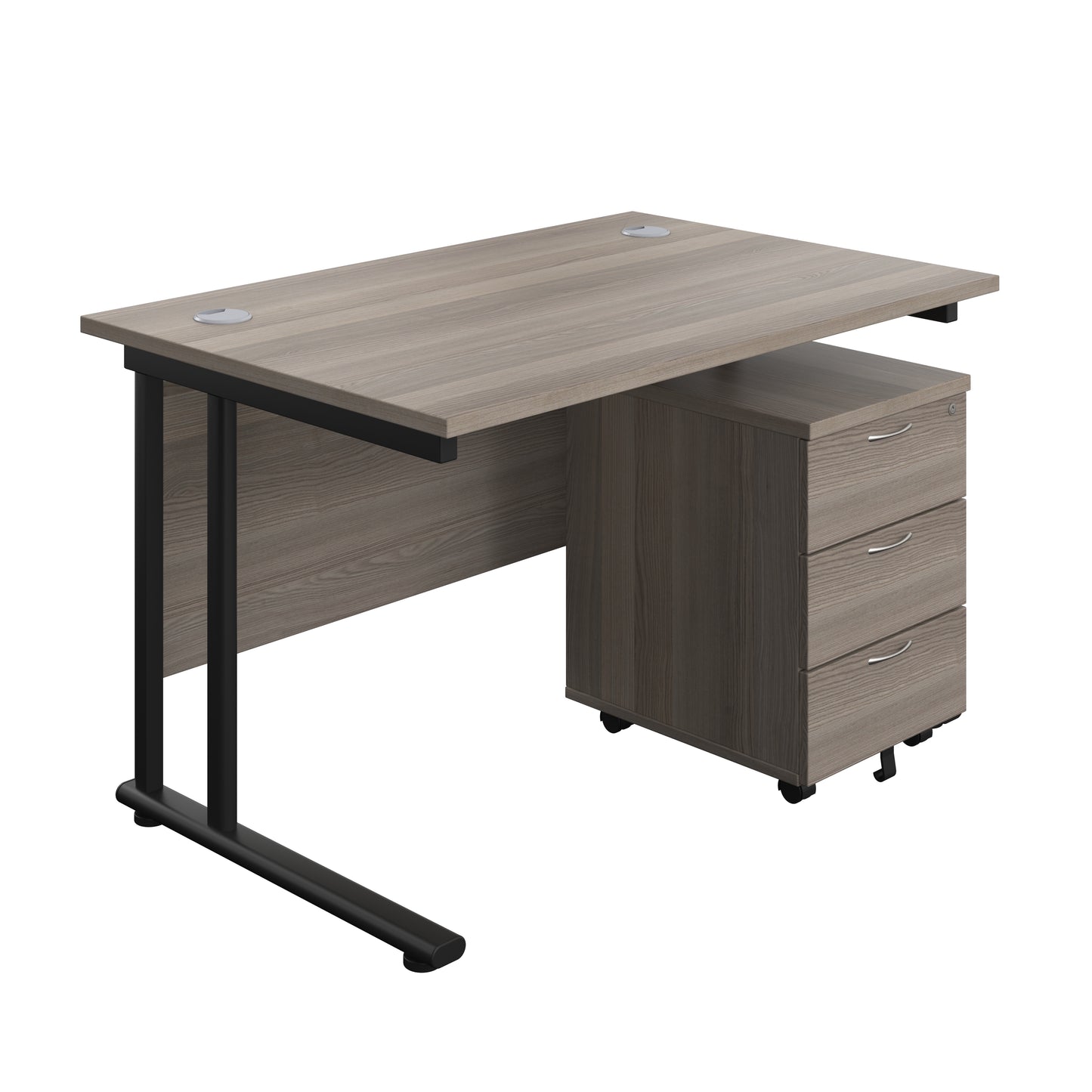 Aztec|Twin Upright|Rectangular Desk and Mobile 3 Drawer Pedestal|1200x800|Grey Oak-Black