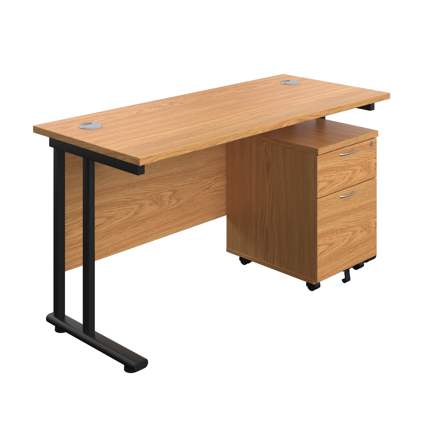 Aztec|Twin Upright|Rectangular Desk and Mobile 2 Drawer Pedestal|1400x600|Nova Oak-Black