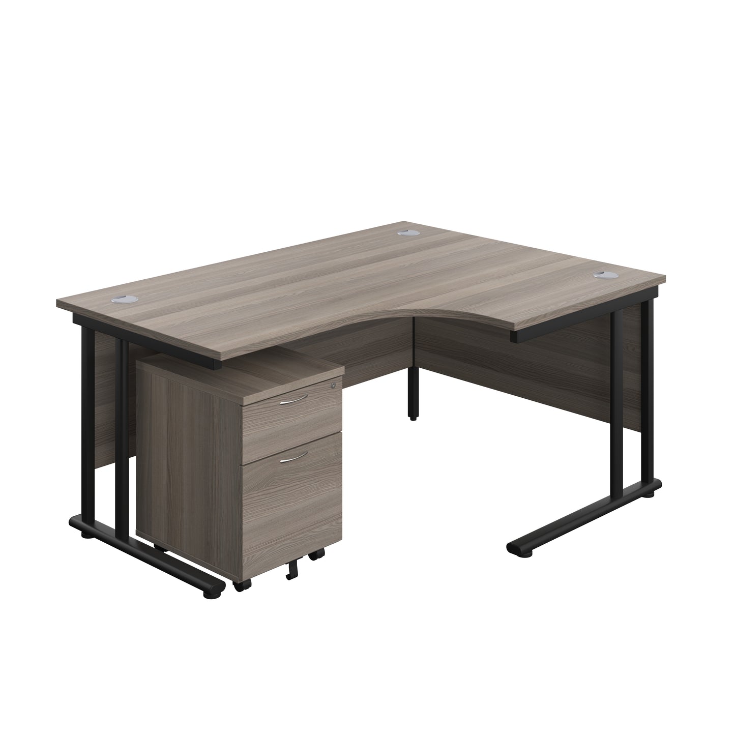 Aztec|Twin Upright|Right Hand Radial Desk and Mobile 2 Drawer Pedestal|1600x1200|Grey Oak-Black