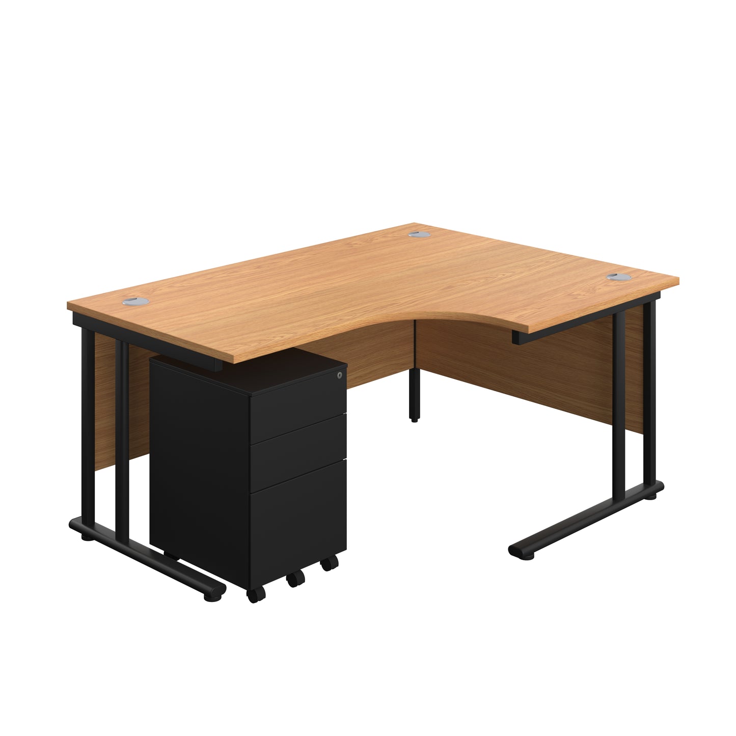 Aztec|Twin Upright|Right Hand Radial Desk and Under Desk Steel Pedestal 3 Drawer|1600x1200|Nova Oak-Black