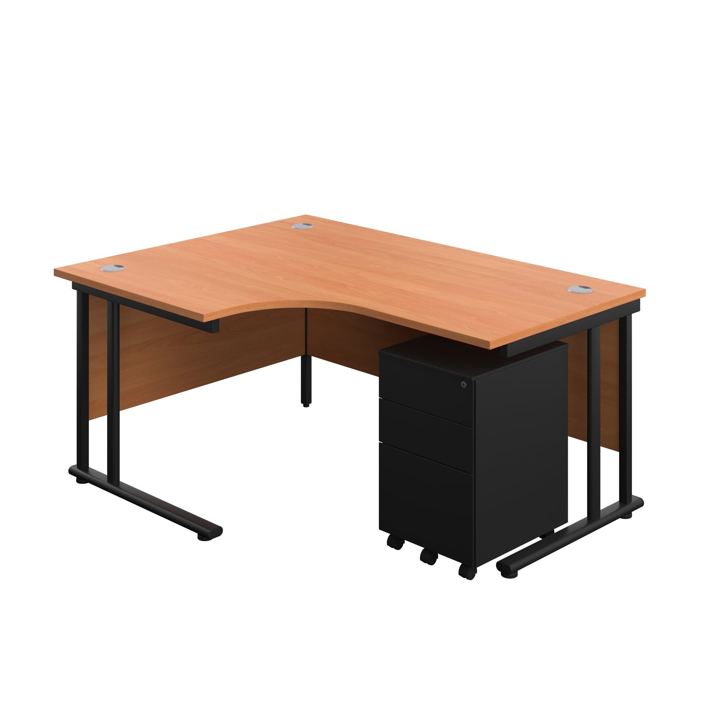 Aztec|Twin Upright|Right Hand Radial Desk and Slimline Steel Pedestal 3 Drawer|1600x1200|Beech-Black