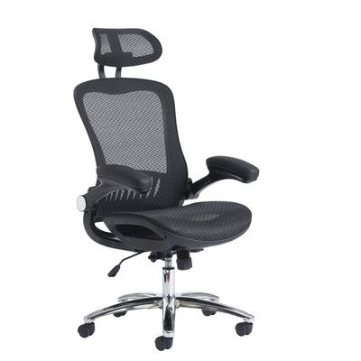 Curva high back mesh office chair black with headrest
ergonomic mesh executive chair for office desk workstation
black mesh office chair with chrome base and lumbar support
modern office furniture chair for workstation desk setup
breathable high back mesh chair for long office use
