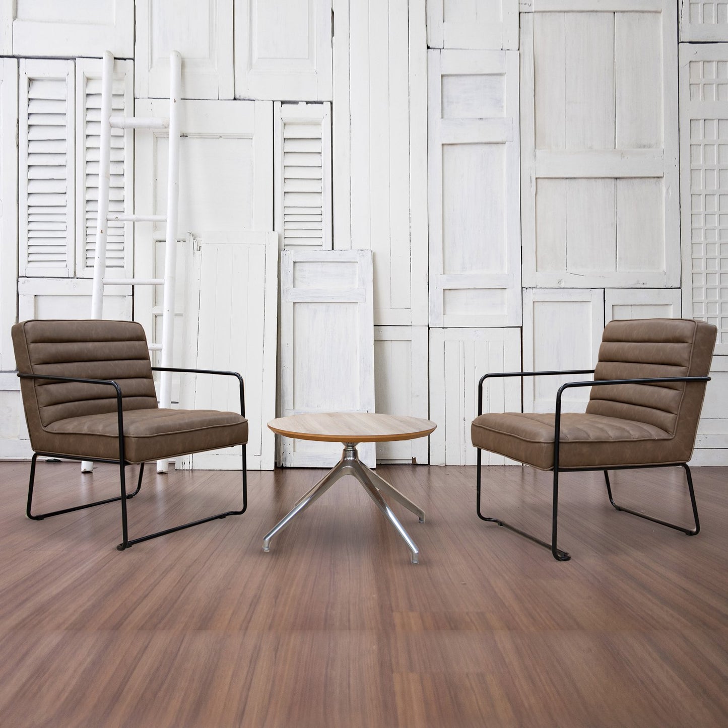 Decco Ribbed Lounge Chair – Brown Leather with Black Metal Frame
