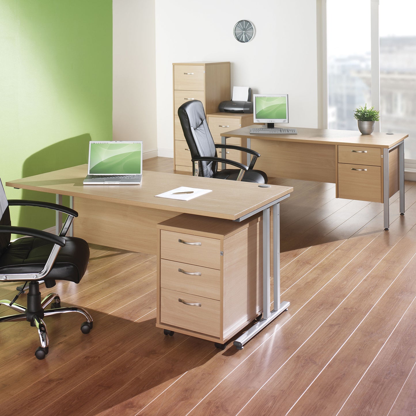Maestro 25 cantilever left hand ergonomic desk with 3 drawer ped
