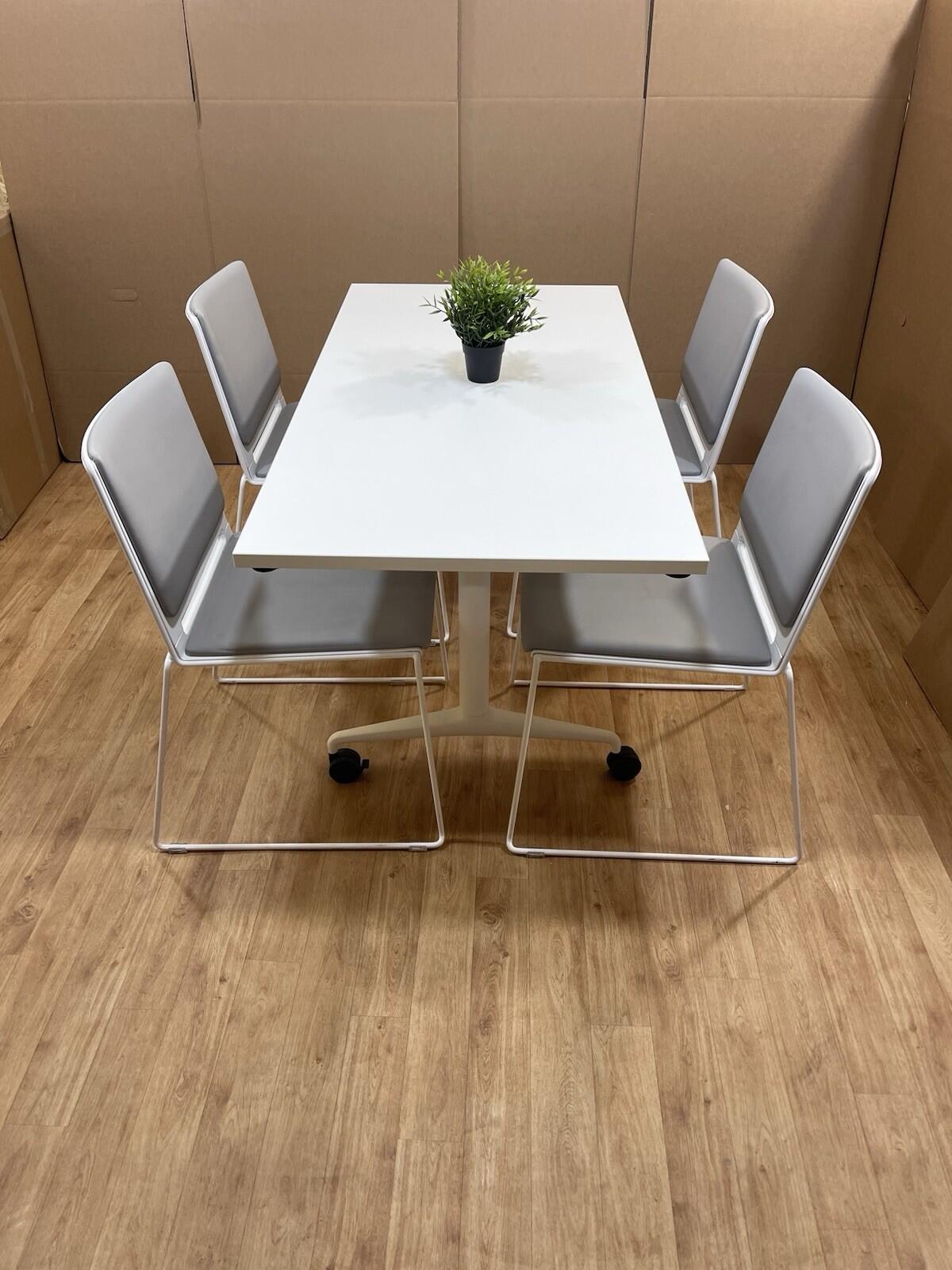 White Mobile Folding Table With Designer Italian Stacking Chairs - Can DELIVER