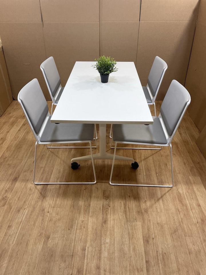 White Mobile Folding Table With Designer Italian Stacking Chairs - Can DELIVER