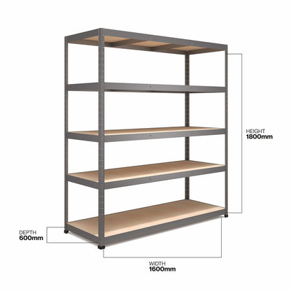 RB Boss 5x Tier Shelving Unit - 1800x1600x600mm 250kgs UDL - Galvanised