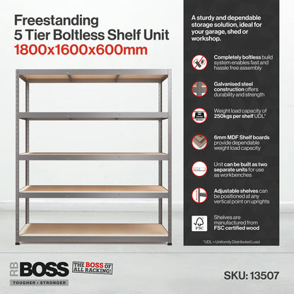 RB Boss 5x Tier Shelving Unit - 1800x1600x600mm 250kgs UDL - Galvanised