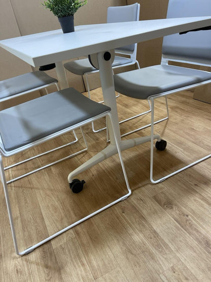 White Mobile Folding Table With Designer Italian Stacking Chairs - Can DELIVER