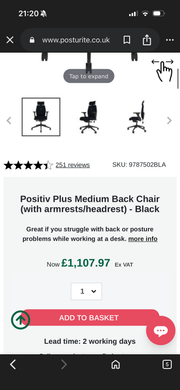Ergonomic Super Adjustable Office Chair / Excellent Condition / Black / Posturite Chair Positiv Plus Medium Back Chair (with armrests/headrest) - Black