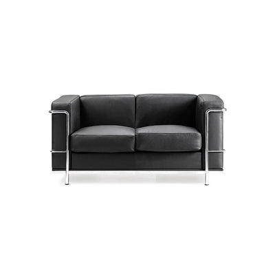 Contemporary Cubed Leather Faced Two Seater Reception Chair with Stainless Steel Frame and Integrated Leg Supports