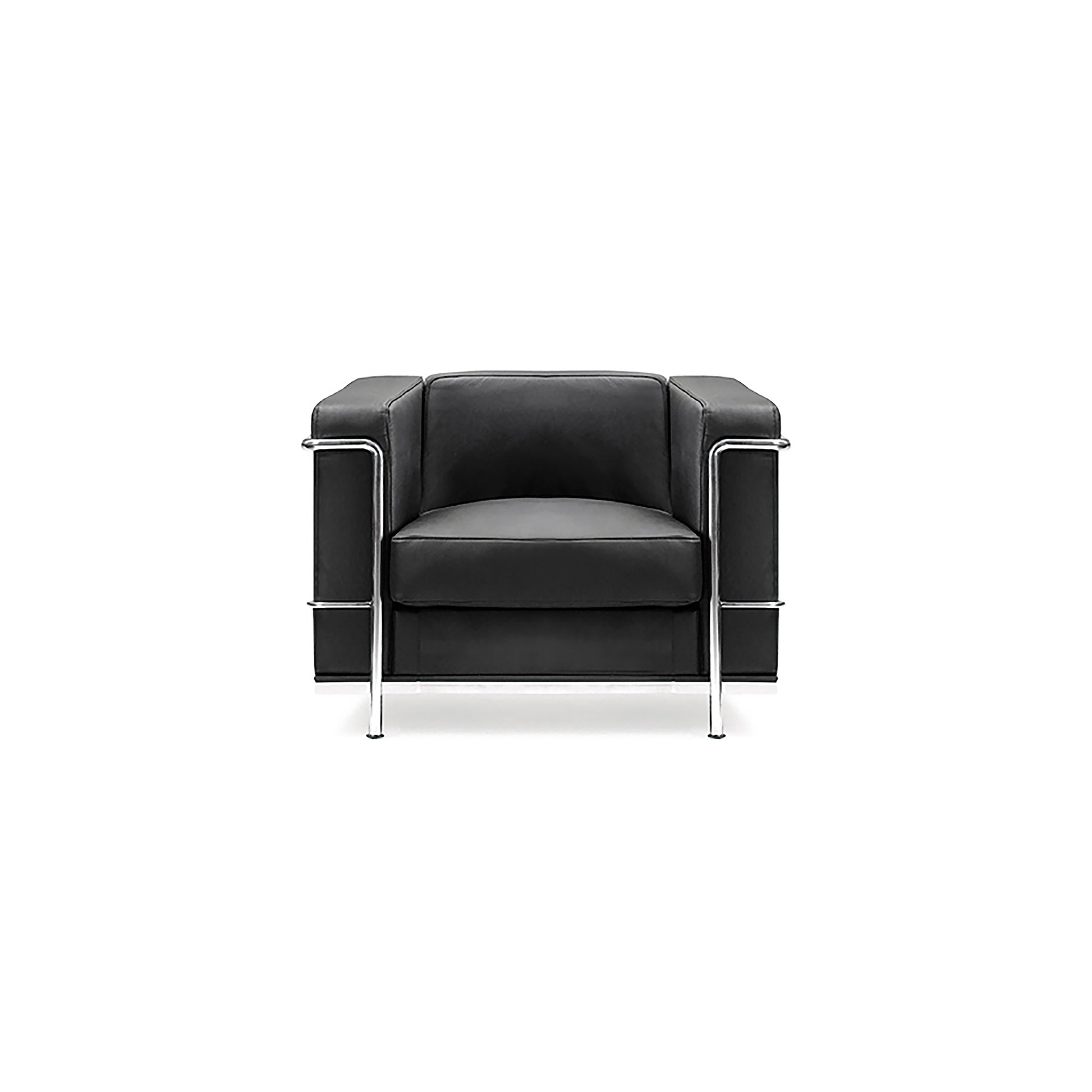 Contemporary Cubed Leather Faced Single Seater Reception Chair with Stainless Steel Frame and Integrated Leg Supports