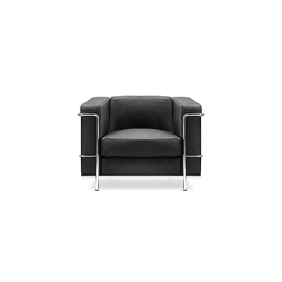 Contemporary Cubed Leather Faced Single Seater Reception Chair with Stainless Steel Frame and Integrated Leg Supports