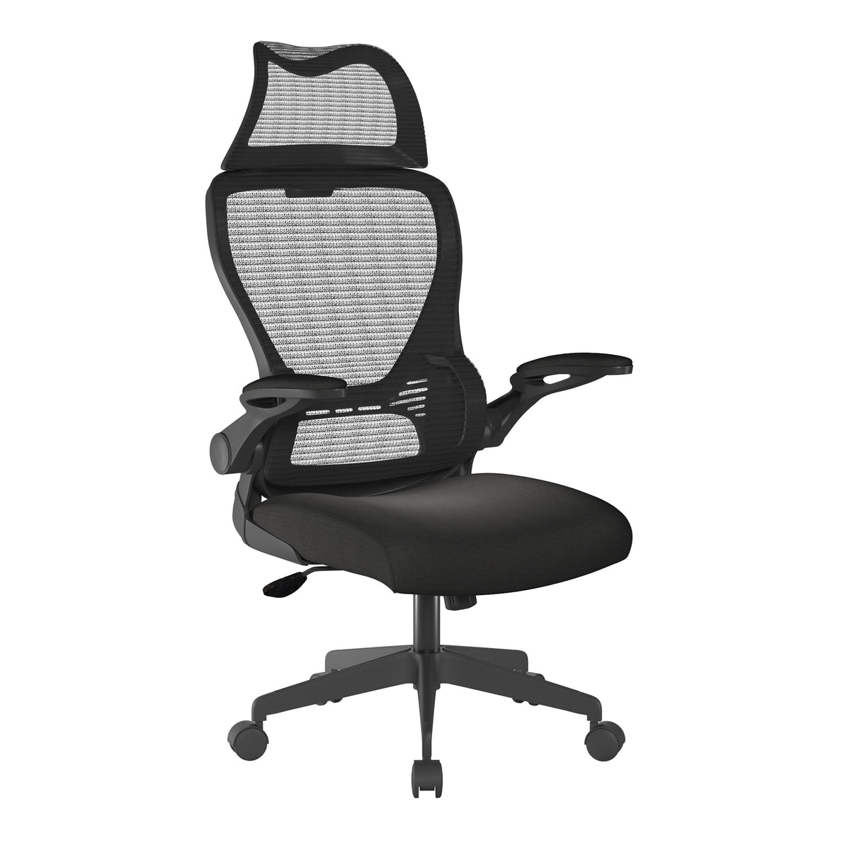 High Back Mesh Chair with Moulded Seat Foam, Folding Arms and Headrest