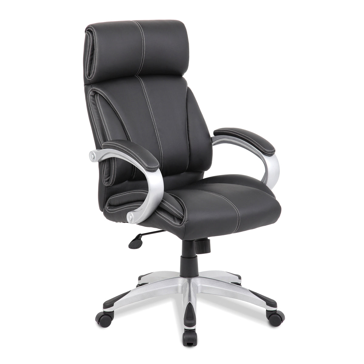 High Back Leather Faced Manager Chair with Satin Silver Finish to Armrests and Base