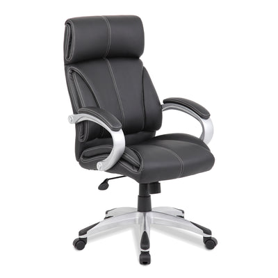 High Back Leather Faced Manager Chair with Satin Silver Finish to Armrests and Base