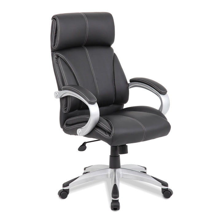 High Back Leather Faced Manager Chair with Satin Silver Finish to Armrests and Base
