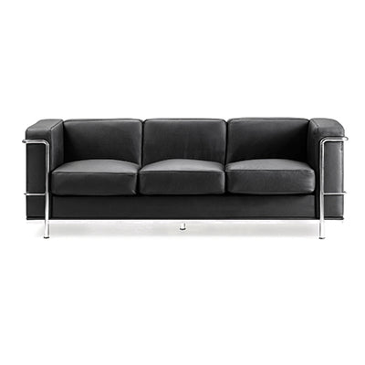 Contemporary Cubed Leather Faced Three Seater Reception Chair with Stainless Steel Frame and Integrated Leg Supports