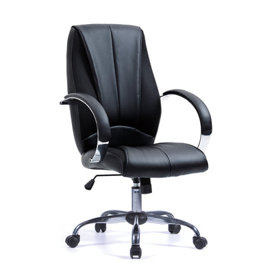 High Back Bonded Leather Manager Chair with Mesh Panel Detailing, Padded and Upholstered Chrome Fixed Arms and Chrome Base