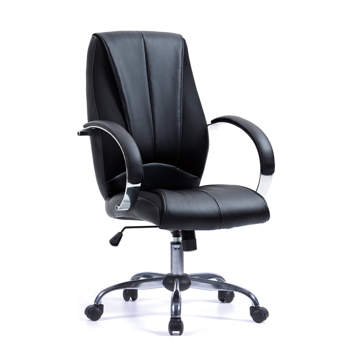 High Back Bonded Leather Manager Chair with Mesh Panel Detailing, Padded and Upholstered Chrome Fixed Arms and Chrome Base