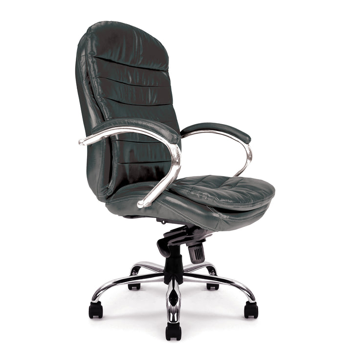 High Back Italian Leather Faced Synchronous Executive Armchair with Integral Headrest and Chrome Base