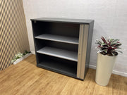 Haworth Graphite Wood Storage Cabinet with Silver Tambour Shutter – Office Cupboard