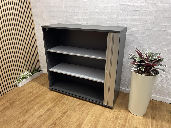 Haworth Graphite Wood Storage Cabinet with Silver Tambour Shutter – Office Cupboard