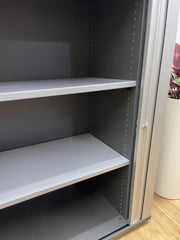 Haworth Graphite Wood Storage Cabinet with Silver Tambour Shutter – Office Cupboard